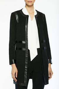 Faux Leather Trim Knit Jacket, Black Color Black