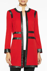 Faux Leather Trim Knit Jacket, Dusk Red, Dusk Red/Black | Meison Studio Presents Ming Wang