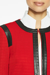 Faux Leather Trim Knit Jacket, Dusk Red, Dusk Red/Black | Meison Studio Presents Ming Wang