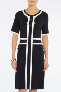 Button Detail Contrast Trim Soft Knit Dress, Black, Black/Ivory | Meison Studio Presents Ming Wang