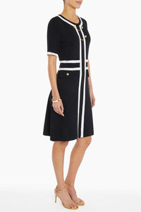 Button Detail Contrast Trim Soft Knit Dress, Black, Black/Ivory | Meison Studio Presents Ming Wang