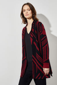 Geometric Stripe Cozy Knit Cardigan, Crimson Red, Black/Crimson Red | Meison Studio Presents Ming Wang