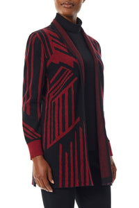 Geometric Stripe Cozy Knit Cardigan, Cherry Red, Black/Cherry Red | Meison Studio Presents Ming Wang