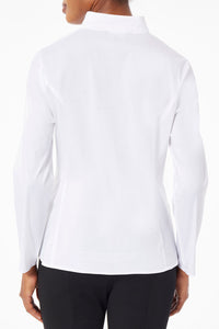 Long Sleeve Zip-Up Cotton Poplin Blouse, White, White | Meison Studio Presents Ming Wang