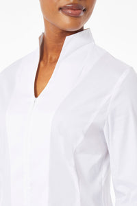 Long Sleeve Zip-Up Cotton Poplin Blouse, White, White | Meison Studio Presents Ming Wang