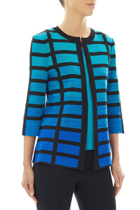 Plus Size Ombre Bold Grid Knit Jacket, Ocean Blue/Bright Teal/Black | Meison Studio Presents Ming Wang
