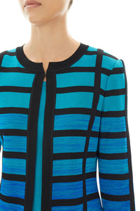 Plus Size Ombre Bold Grid Knit Jacket, Ocean Blue/Bright Teal/Black | Meison Studio Presents Ming Wang