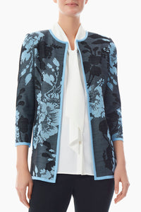Trimmed Floral Jacquard Knit Jacket, Black/Blue Splash | Meison Studio Presents Ming Wang
