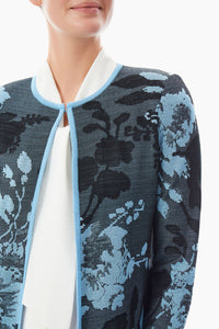 Trimmed Floral Jacquard Knit Jacket, Black/Blue Splash | Meison Studio Presents Ming Wang