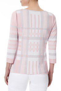 Soft Plaid Whipstitch Detail Knit Tunic, Whisper Pink/Sterling Grey/White/Black | Meison Studio Presents Ming Wang
