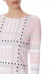 Soft Plaid Whipstitch Detail Knit Tunic, Whisper Pink/Sterling Grey/White/Black | Meison Studio Presents Ming Wang