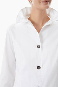 Ruffle Neck Button-Front Cotton Poplin Blouse, White/Black | Meison Studio Presents Ming Wang