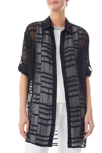 Tonal Grid Sheer Woven Shirt, Black | Meison Studio Presents Ming Wang