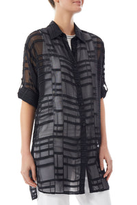 Plus Size Tonal Grid Sheer Woven Shirt, Black | Meison Studio Presents Ming Wang