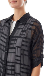 Tonal Grid Sheer Woven Shirt, Black | Meison Studio Presents Ming Wang