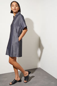 Side Pocket A-Line Chambray Shirt Dress, Dark Denim, Dark Denim | Meison Studio Presents Ming Wang