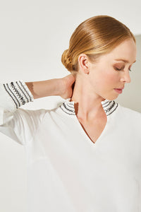 Embroidered Smock Collar Crepe de Chine Blouse, White/Black, White/Black | Meison Studio Presents Ming Wang