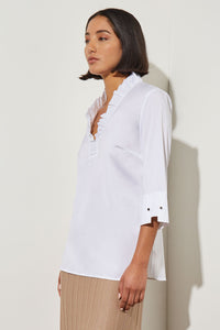Plus Size Ruffle Collar Blouse - 100% Cotton, White, White | Meison Studio Presents Ming Wang