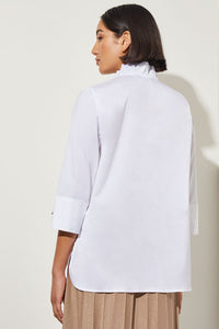 Plus Size Ruffle Collar Stretch Cotton Blouse, White | Ming Wang