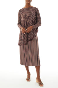 Striped Asymmetrical Soft Knit Dolman Tunic, Auburn Brown/Java/Black | Meison Studio Presents Ming Wang