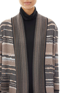 Shawl Collar Striped Soft Knit Cardigan, Polar Blue/Java/Linen/Black | Meison Studio Presents Ming Wang