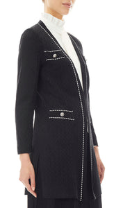 Plus Size Long Pointelle Knit Jacket, Black/Ivory | Meison Studio Presents Ming Wang