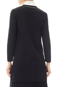 Plus Size Long Pointelle Knit Jacket, Black/Ivory | Meison Studio Presents Ming Wang