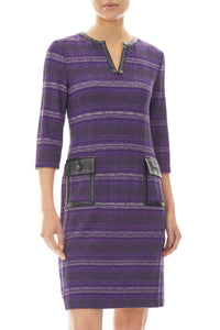 Vegan Leather Trim Soft Knit Tweed Dress, Valiant Purple/Granite/Sterling/Black | Meison Studio Presents Ming Wang