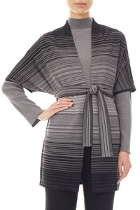 Ombre Stripe Belted Soft Knit Kimono Jacket, Granite/Sterling/Black | Meison Studio Presents Ming Wang