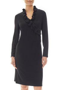 Ruffled Collar Jersey Knit Sheath Dress, Black | Meison Studio Presents Ming Wang