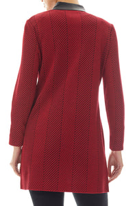 Vegan Leather Collar Herringbone Knit Jacket, Cherry Red/Black | Meison Studio Presents Ming Wang