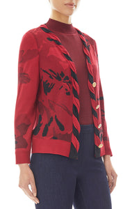 Plush Spiral Trim Floral Soft Knit Cardigan, Cherry Red/Black | Meison Studio Presents Ming Wang