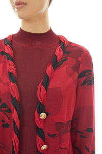 Plush Spiral Trim Floral Soft Knit Cardigan, Cherry Red/Black | Meison Studio Presents Ming Wang