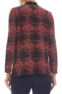 Faux Double-Breasted Plaid Knit Jacket, Black/Cherry Red/Java/Oakwood/Limestone | Meison Studio Presents Ming Wang