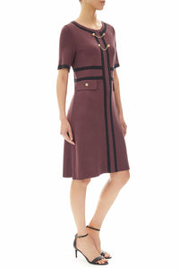 Button Detail Contrast Trim Soft Knit Dress, Auburn Brown, Auburn Brown/Black | Meison Studio Presents Ming Wang