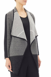Plus Size Mixed Pattern Drape Front Cozy Knit Cardigan, Black/Ivory | Meison Studio Presents Ming Wang