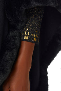 Faux Fur Trim Knit Cape, Black | Meison Studio Presents Ming Wang