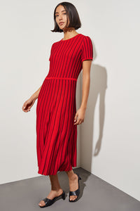 Jewel Neck Striped Flare Soft Knit Dress, Garnet, Garnet/Black | Ming Wang