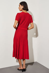 Jewel Neck Striped Flare Soft Knit Dress, Garnet, Garnet/Black | Ming Wang