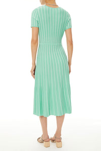 Jewel Neck Striped Flare Knit Dress, Seaspray/White | Meison Studio Presents Ming Wang