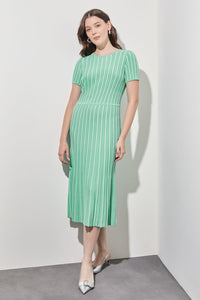 Jewel Neck Striped Flare Soft Knit Dress, Seaspray/White, Seaspray/White | Meison Studio Presents Ming Wang
