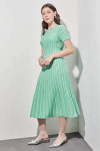 Plus Size Jewel Neck Striped Flare Knit Dress, Seaspray/White | Ming Wang