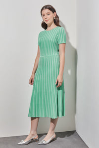 Jewel Neck Striped Flare Soft Knit Dress, Seaspray/White, Seaspray/White | Meison Studio Presents Ming Wang