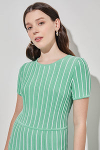 Plus Size Jewel Neck Striped Flare Knit Dress, Seaspray/White | Ming Wang
