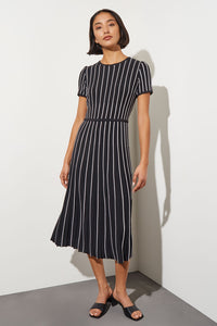 Jewel Neck Striped Flare Soft Knit Dress, Black & White, Black/White | Ming Wang