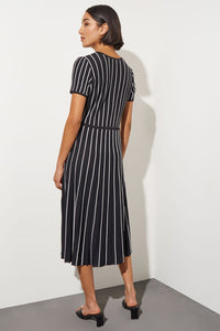 Jewel Neck Striped Flare Soft Knit Dress, Black & White, Black/White | Ming Wang