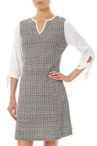 Plus Size Cotton Tie Sleeve Tweed Knit Dress, White/Black | Meison Studio Presents Ming Wang