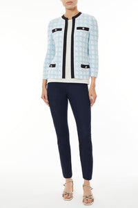 Houndstooth Contrast Trim Knit Jacket, Serene Blue/White/Black | Meison Studio Presents Ming Wang