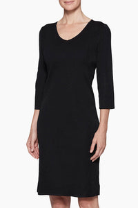 3/4 Sleeve V-Neck Knit Dress, Black, Black | Meison Studio Presents Ming Wang