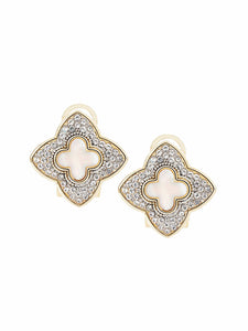 Mother-of-Pearl and Pave Clover Pierced Earrings, Gold/Silver | Meison Studio Presents Misook